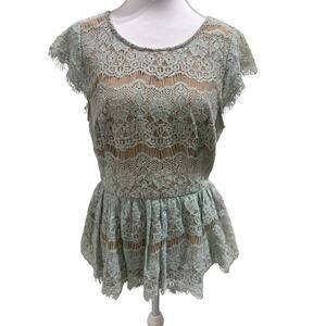 Maeve Anthropologie Sage Mint Lace Cap-Sleeve Peplum Top Sz‎ S boho feminine